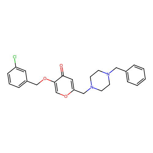 2-((4-benzylpiperazin-1-yl)methyl)-5-((3-chlorobenzyl)oxy)-4H-pyran-4-one structure