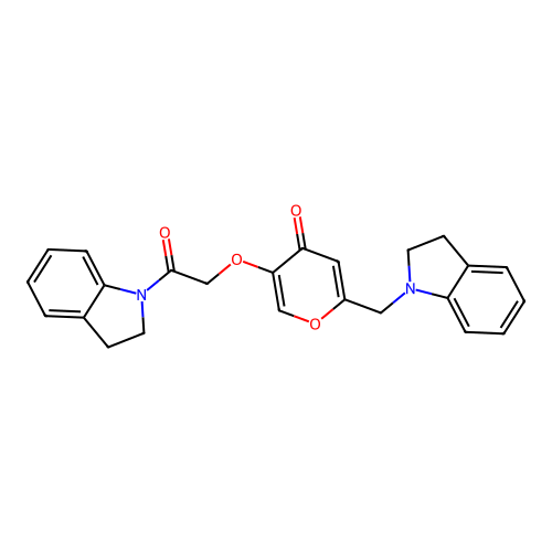 5-(2-(indolin-1-yl)-2-oxoethoxy)-2-(indolin-1-ylmethyl)-4H-pyran-4-one structure
