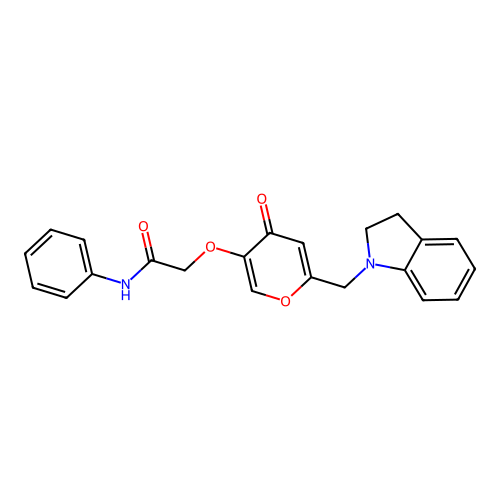 2-((6-(indolin-1-ylmethyl)-4-oxo-4H-pyran-3-yl)oxy)-N-phenylacetamide structure