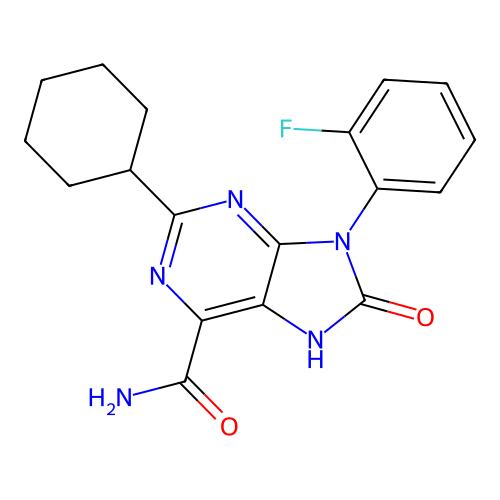 2-cyclohexyl-9-(2-fluorophenyl)-8-oxo-8,9-dihydro-7H-purine-6-carboxamide structure