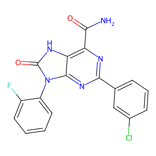 2-(3-chlorophenyl)-9-(2-fluorophenyl)-8-oxo-8,9-dihydro-7H-purine-6-carboxamide structure