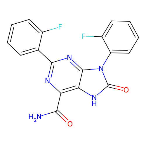 2,9-bis(2-fluorophenyl)-8-oxo-8,9-dihydro-7H-purine-6-carboxamide structure