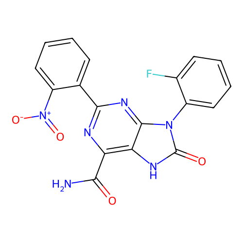 9-(2-fluorophenyl)-2-(2-nitrophenyl)-8-oxo-8,9-dihydro-7H-purine-6-carboxamide structure