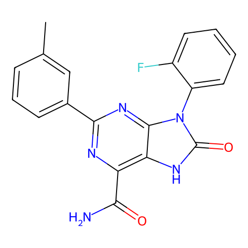 9-(2-fluorophenyl)-2-(3-methylphenyl)-8-oxo-7H-purine-6-carboxamide structure
