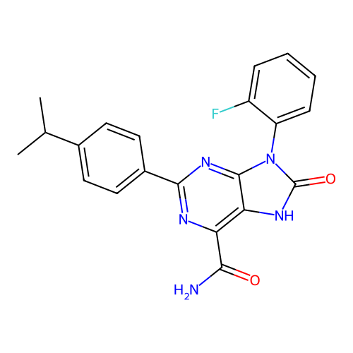 9-(2-fluorophenyl)-8-oxo-2-(4-propan-2-ylphenyl)-7H-purine-6-carboxamide structure