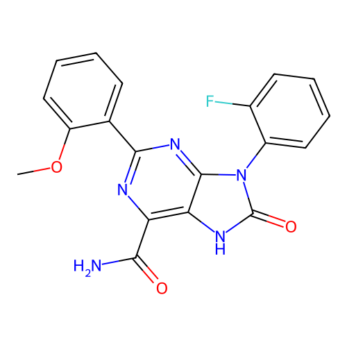 9-(2-fluorophenyl)-2-(2-methoxyphenyl)-8-oxo-8,9-dihydro-7H-purine-6-carboxamide structure