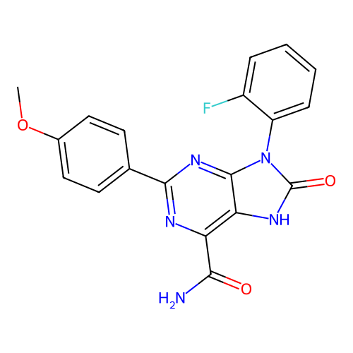9-(2-fluorophenyl)-2-(4-methoxyphenyl)-8-oxo-8,9-dihydro-7H-purine-6-carboxamide structure