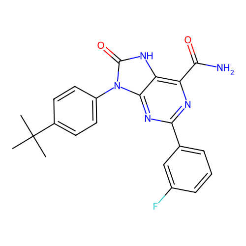 9-(4-tert-butylphenyl)-2-(3-fluorophenyl)-8-oxo-7H-purine-6-carboxamide structure