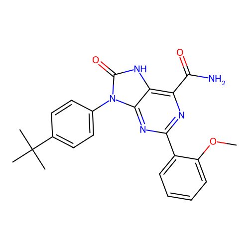 9-(4-tert-butylphenyl)-2-(2-methoxyphenyl)-8-oxo-7H-purine-6-carboxamide structure
