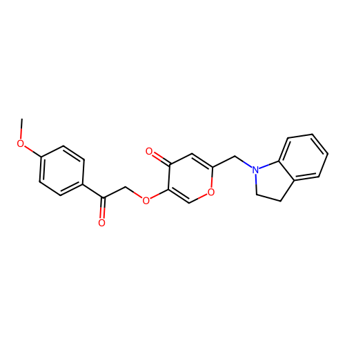 2-(indolin-1-ylmethyl)-5-(2-(4-methoxyphenyl)-2-oxoethoxy)-4H-pyran-4-one structure