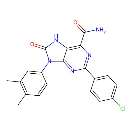 2-(4-chlorophenyl)-9-(3,4-dimethylphenyl)-8-oxo-8,9-dihydro-7H-purine-6-carboxamide structure