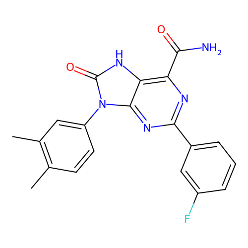 9-(3,4-dimethylphenyl)-2-(3-fluorophenyl)-8-oxo-8,9-dihydro-7H-purine-6-carboxamide structure