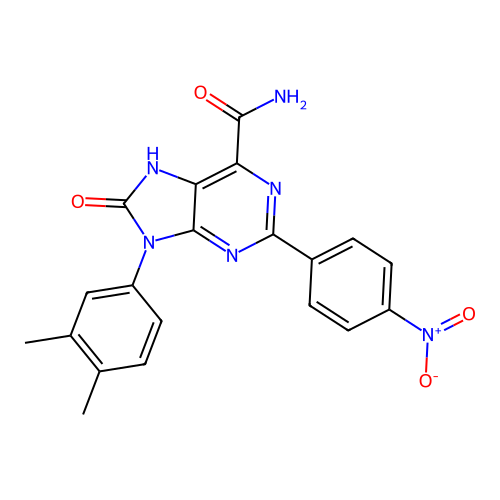 9-(3,4-dimethylphenyl)-2-(4-nitrophenyl)-8-oxo-8,9-dihydro-7H-purine-6-carboxamide structure