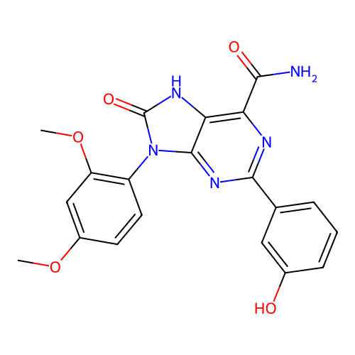 9-(2,4-dimethoxyphenyl)-2-(3-hydroxyphenyl)-8-oxo-8,9-dihydro-7H-purine-6-carboxamide structure