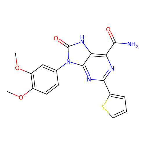 9-(3,4-dimethoxyphenyl)-8-oxo-2-(thiophen-2-yl)-8,9-dihydro-7H-purine-6-carboxamide structure