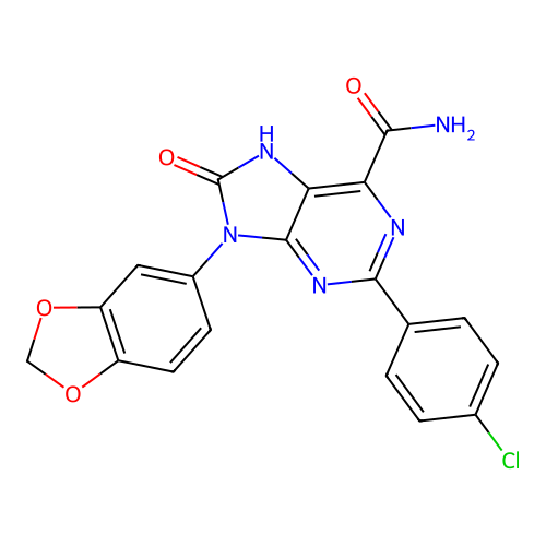 9-(1,3-benzodioxol-5-yl)-2-(4-chlorophenyl)-8-oxo-7H-purine-6-carboxamide structure