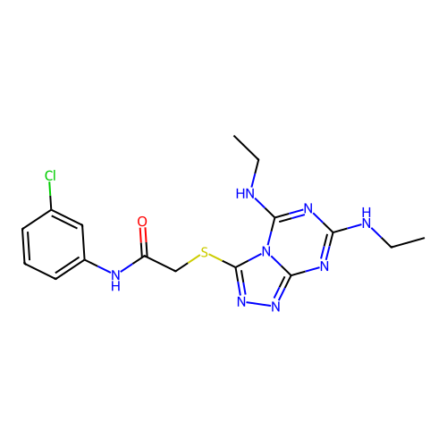 2-[[5,7-bis(ethylamino)-[1,2,4]triazolo[4,3-a][1,3,5]triazin-3-yl]sulfanyl]-N-(3-chlorophenyl)acetamide structure