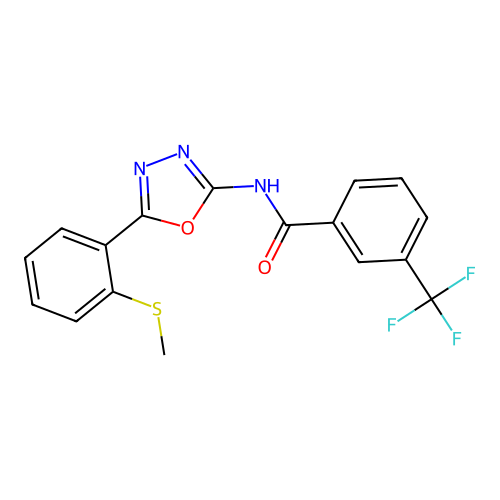 N-[5-(2-methylsulfanylphenyl)-1,3,4-oxadiazol-2-yl]-3-(trifluoromethyl)benzamide structure