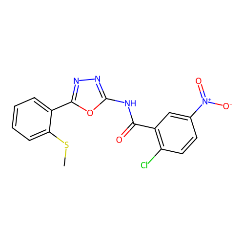 2-chloro-N-[5-(2-methylsulfanylphenyl)-1,3,4-oxadiazol-2-yl]-5-nitrobenzamide structure