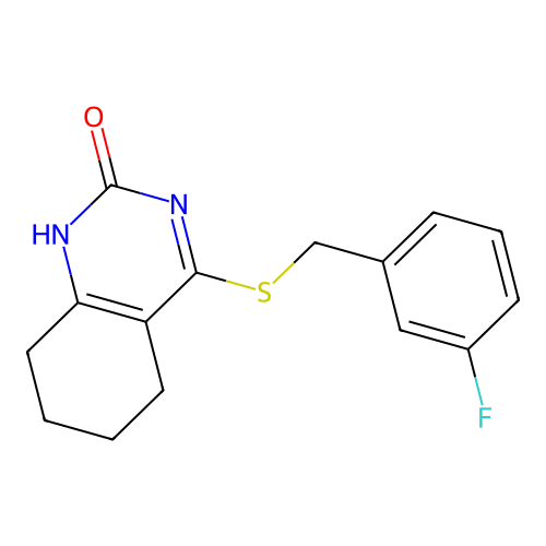4-((3-fluorobenzyl)thio)-5,6,7,8-tetrahydroquinazolin-2(1H)-one structure