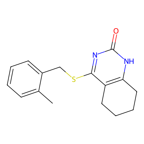 4-((2-methylbenzyl)thio)-5,6,7,8-tetrahydroquinazolin-2(1H)-one structure
