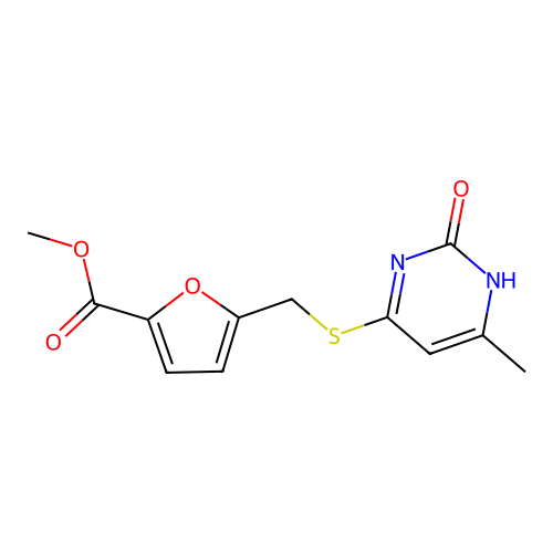 methyl 5-(((6-methyl-2-oxo-1,2-dihydropyrimidin-4-yl)thio)methyl)furan-2-carboxylate structure