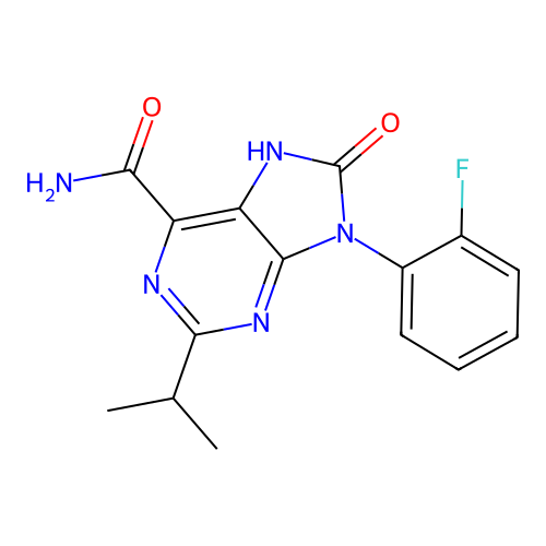 9-(2-fluorophenyl)-8-oxo-2-propan-2-yl-7H-purine-6-carboxamide structure