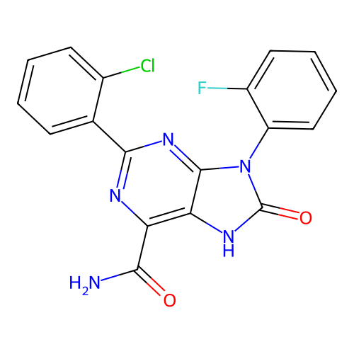 2-(2-chlorophenyl)-9-(2-fluorophenyl)-8-oxo-7H-purine-6-carboxamide structure