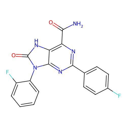 9-(2-fluorophenyl)-2-(4-fluorophenyl)-8-oxo-8,9-dihydro-7H-purine-6-carboxamide structure