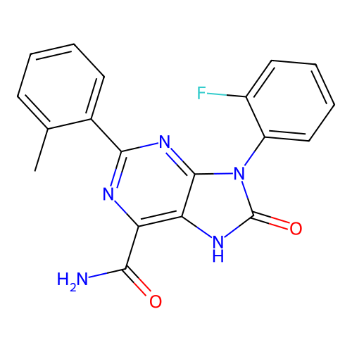 9-(2-fluorophenyl)-2-(2-methylphenyl)-8-oxo-7H-purine-6-carboxamide structure