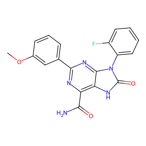 9-(2-fluorophenyl)-2-(3-methoxyphenyl)-8-oxo-8,9-dihydro-7H-purine-6-carboxamide structure