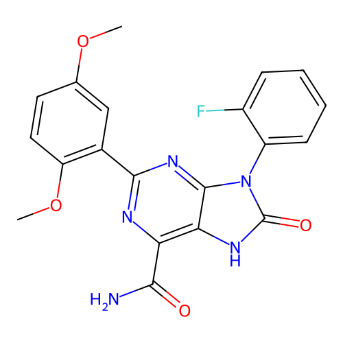 2-(2,5-dimethoxyphenyl)-9-(2-fluorophenyl)-8-oxo-8,9-dihydro-7H-purine-6-carboxamide structure