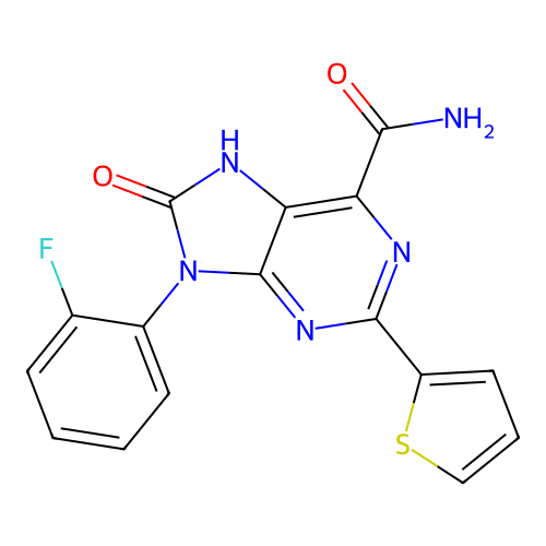 9-(2-fluorophenyl)-8-oxo-2-(thiophen-2-yl)-8,9-dihydro-7H-purine-6-carboxamide structure