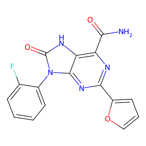 9-(2-fluorophenyl)-2-(furan-2-yl)-8-oxo-8,9-dihydro-7H-purine-6-carboxamide structure