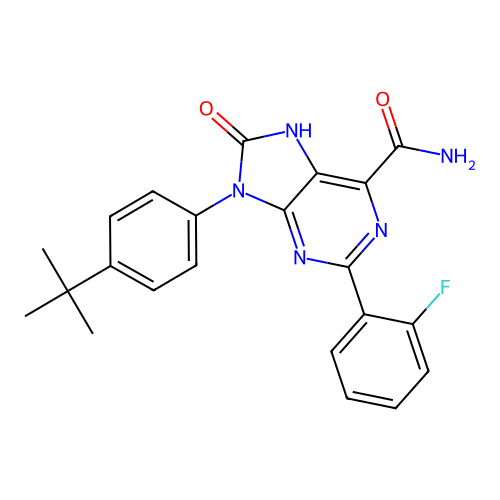 9-(4-tert-butylphenyl)-2-(2-fluorophenyl)-8-oxo-7H-purine-6-carboxamide structure