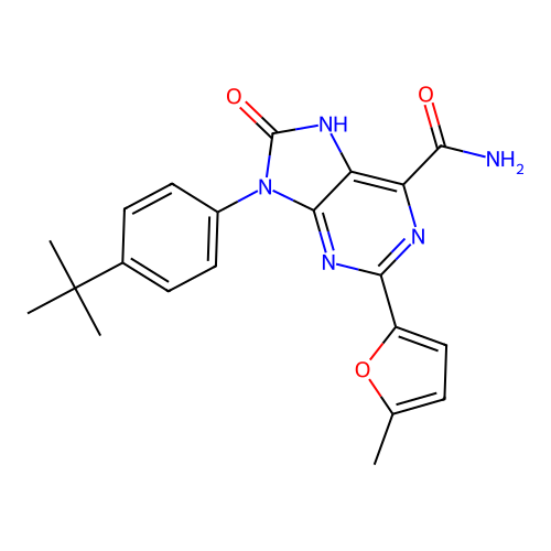 9-(4-tert-butylphenyl)-2-(5-methylfuran-2-yl)-8-oxo-7H-purine-6-carboxamide structure