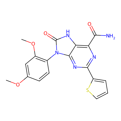 9-(2,4-dimethoxyphenyl)-8-oxo-2-(thiophen-2-yl)-8,9-dihydro-7H-purine-6-carboxamide structure