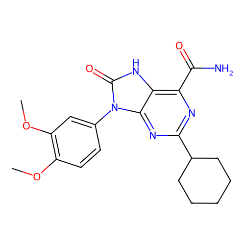 2-cyclohexyl-9-(3,4-dimethoxyphenyl)-8-oxo-8,9-dihydro-7H-purine-6-carboxamide structure