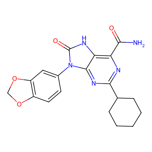 9-(1,3-benzodioxol-5-yl)-2-cyclohexyl-8-oxo-7H-purine-6-carboxamide structure
