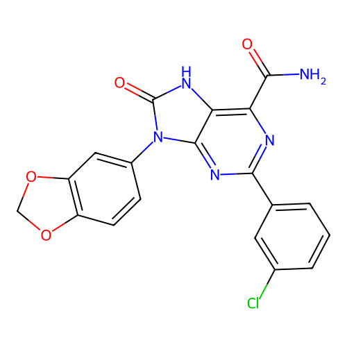 9-(1,3-benzodioxol-5-yl)-2-(3-chlorophenyl)-8-oxo-7H-purine-6-carboxamide structure