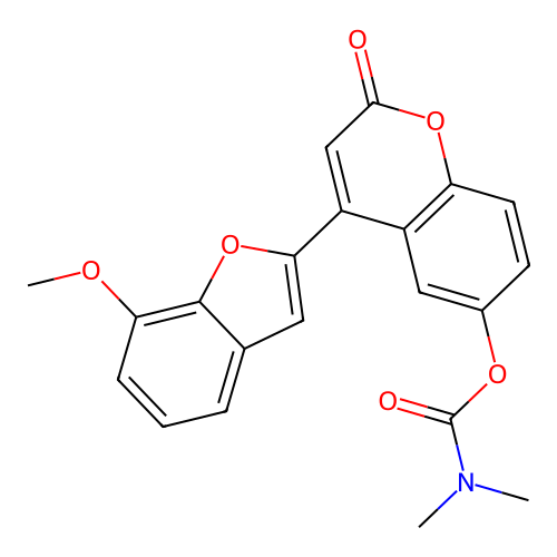 4-(7-methoxybenzofuran-2-yl)-2-oxo-2H-chromen-6-yl dimethylcarbamate structure