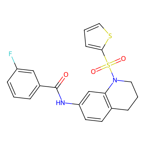 3-fluoro-N-(1-thiophen-2-ylsulfonyl-3,4-dihydro-2H-quinolin-7-yl)benzamide structure