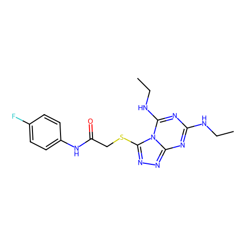 2-[[5,7-bis(ethylamino)-[1,2,4]triazolo[4,3-a][1,3,5]triazin-3-yl]sulfanyl]-N-(4-fluorophenyl)acetamide structure
