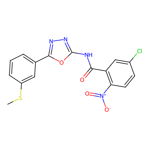 5-chloro-N-[5-(3-methylsulfanylphenyl)-1,3,4-oxadiazol-2-yl]-2-nitrobenzamide structure