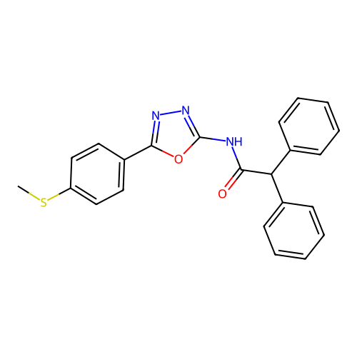 N-[5-(4-methylsulfanylphenyl)-1,3,4-oxadiazol-2-yl]-2,2-diphenylacetamide structure