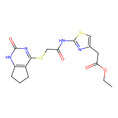 ethyl 2-(2-(2-((2-oxo-2,5,6,7-tetrahydro-1H-cyclopenta[d]pyrimidin-4-yl)thio)acetamido)thiazol-4-yl)acetate structure