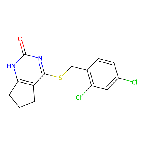 4-((2,4-dichlorobenzyl)thio)-6,7-dihydro-1H-cyclopenta[d]pyrimidin-2(5H)-one structure