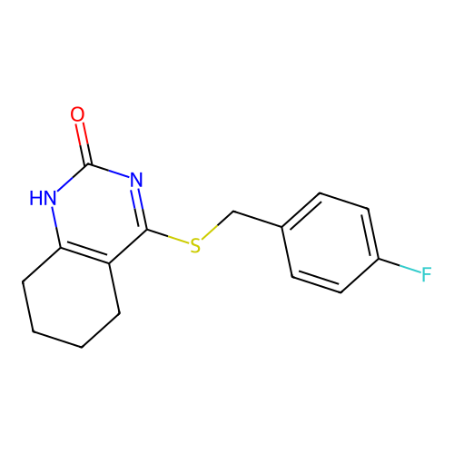 4-((4-fluorobenzyl)thio)-5,6,7,8-tetrahydroquinazolin-2(1H)-one structure
