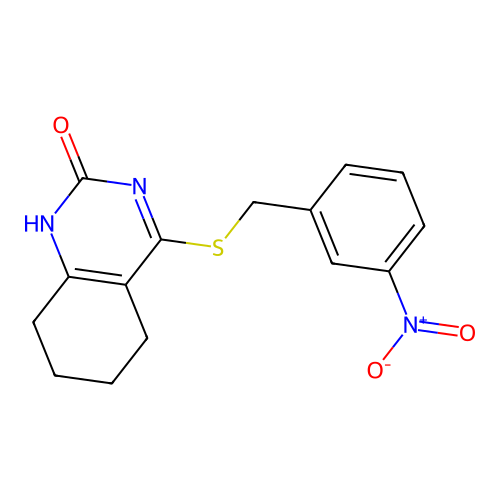 4-((3-nitrobenzyl)thio)-5,6,7,8-tetrahydroquinazolin-2(1H)-one structure