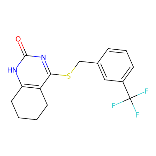 4-((3-(trifluoromethyl)benzyl)thio)-5,6,7,8-tetrahydroquinazolin-2(1H)-one structure